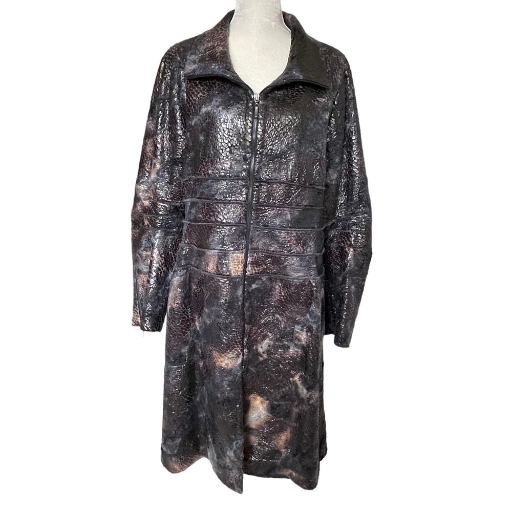 Linda Lundstrom Women’s Reptile Snake Skin Embossed Coat Plus Size 16 Zip Detail